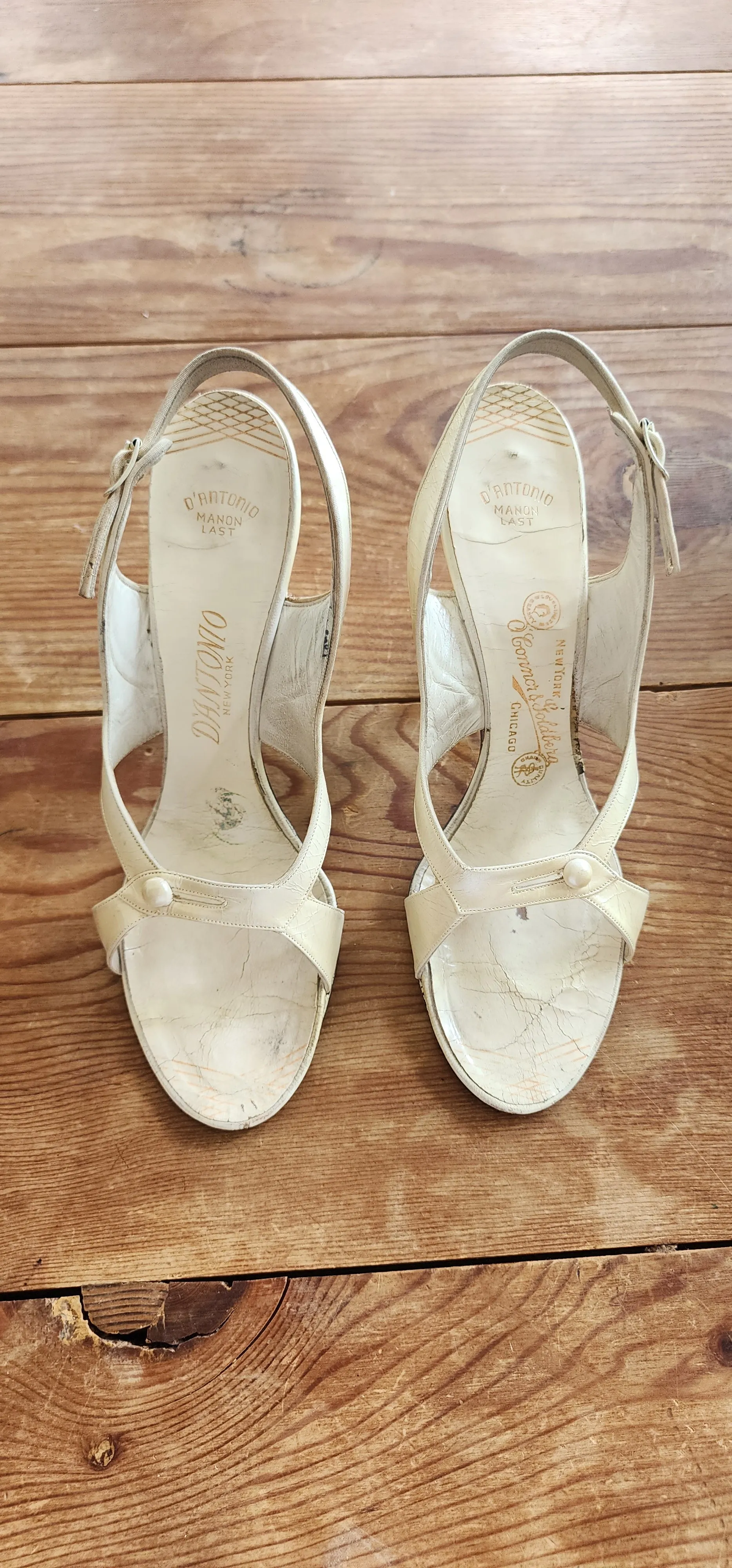 50s White Leather Party Shoes Heels Slingbacks O'Connor Goldberg Size 8