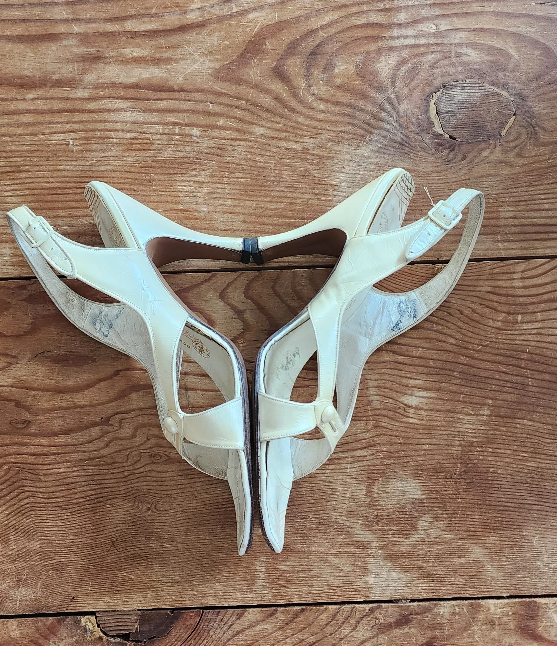 50s White Leather Party Shoes Heels Slingbacks O'Connor Goldberg Size 8