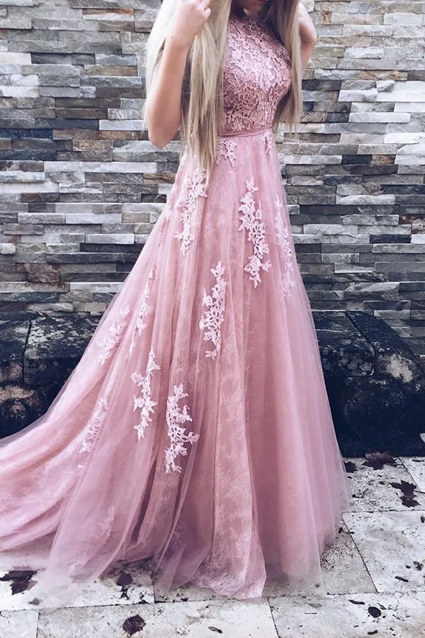A-Line Crew Sweep Train Pink Tulle Prom Dress With Appliques Sash TP0063
