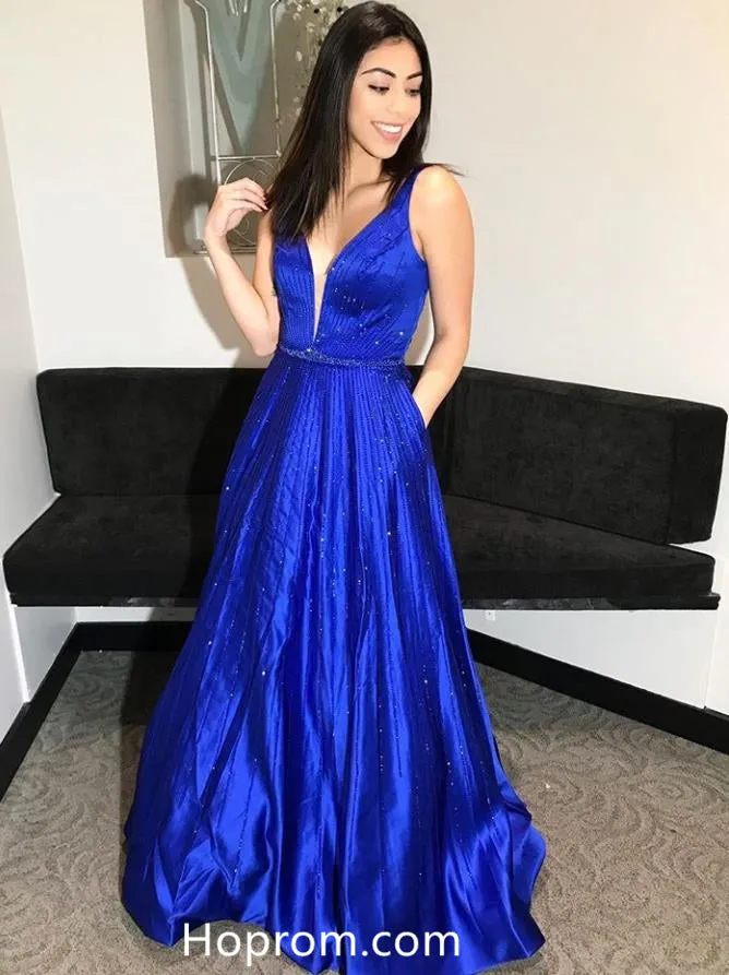 A Line Deep V Neckline Beading Staps Prom Dresses Royal Blue Evening Dresses