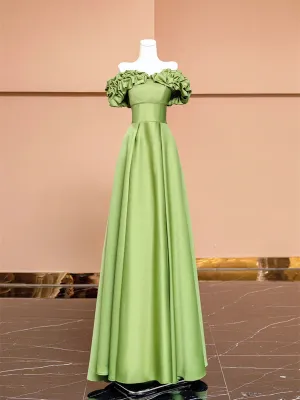 A-line Green Satin Off Shoulder Party Dress, Green Satin Prom Dress