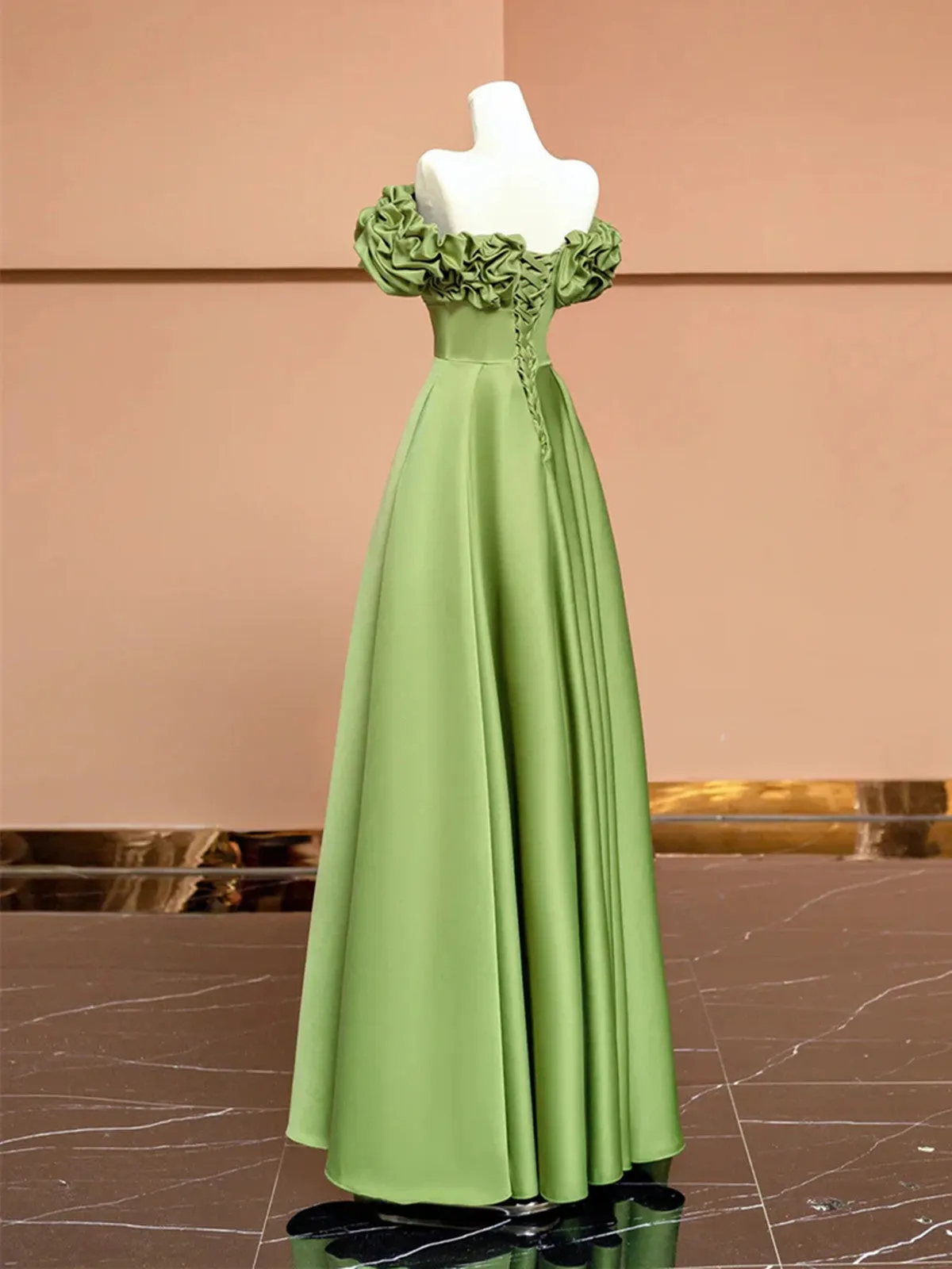A-line Green Satin Off Shoulder Party Dress, Green Satin Prom Dress