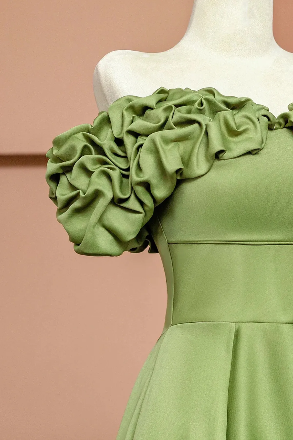 A-line Green Satin Off Shoulder Party Dress, Green Satin Prom Dress