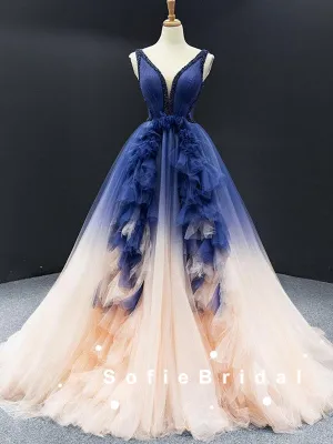 A-Line V-Neck Sleeveless Ombre Tulle Long Prom Dresses With Beading,SFPD0062