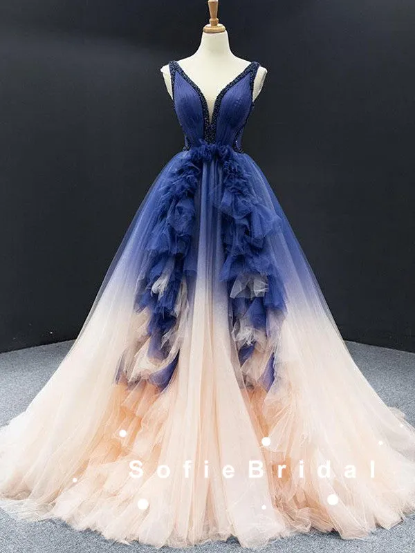 A-Line V-Neck Sleeveless Ombre Tulle Long Prom Dresses With Beading,SFPD0062