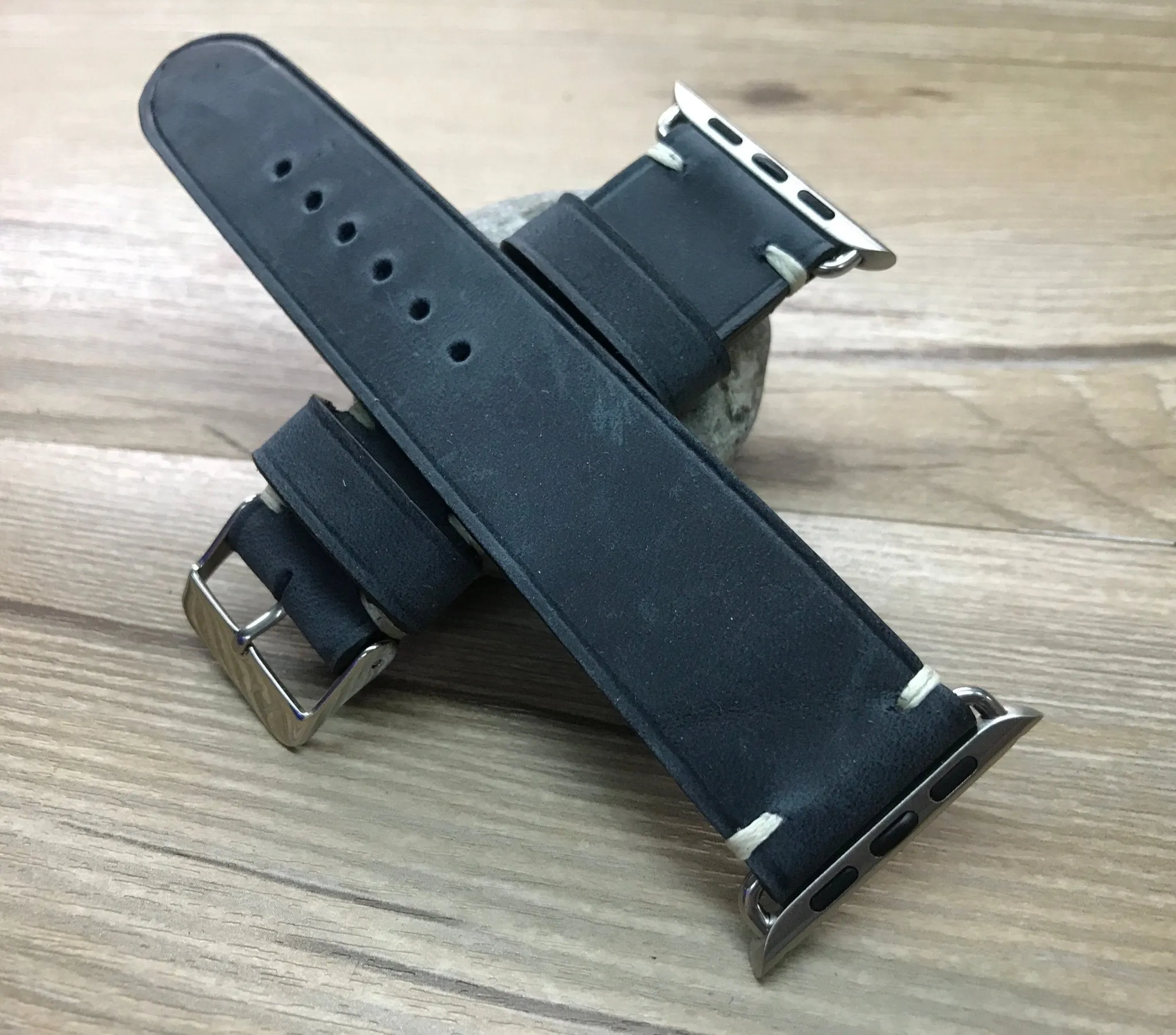 Apple Watch 44mm 40mm 42mm 38mm, Apple Watch Band for Series 5, Space Gray, Stainless Steel Silver watch case, Vintage Black Leather - Discount