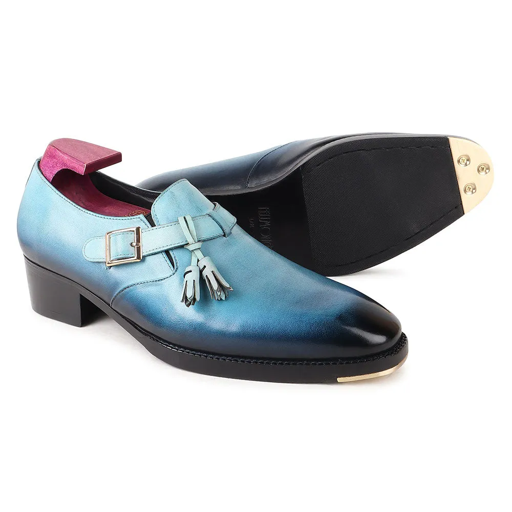 Aqua Blue Patina Mirror Glossed Single Monks With Metal Toe   Cuban Heel