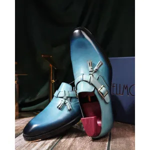 Aqua Blue Patina Mirror Glossed Single Monks With Metal Toe   Cuban Heel