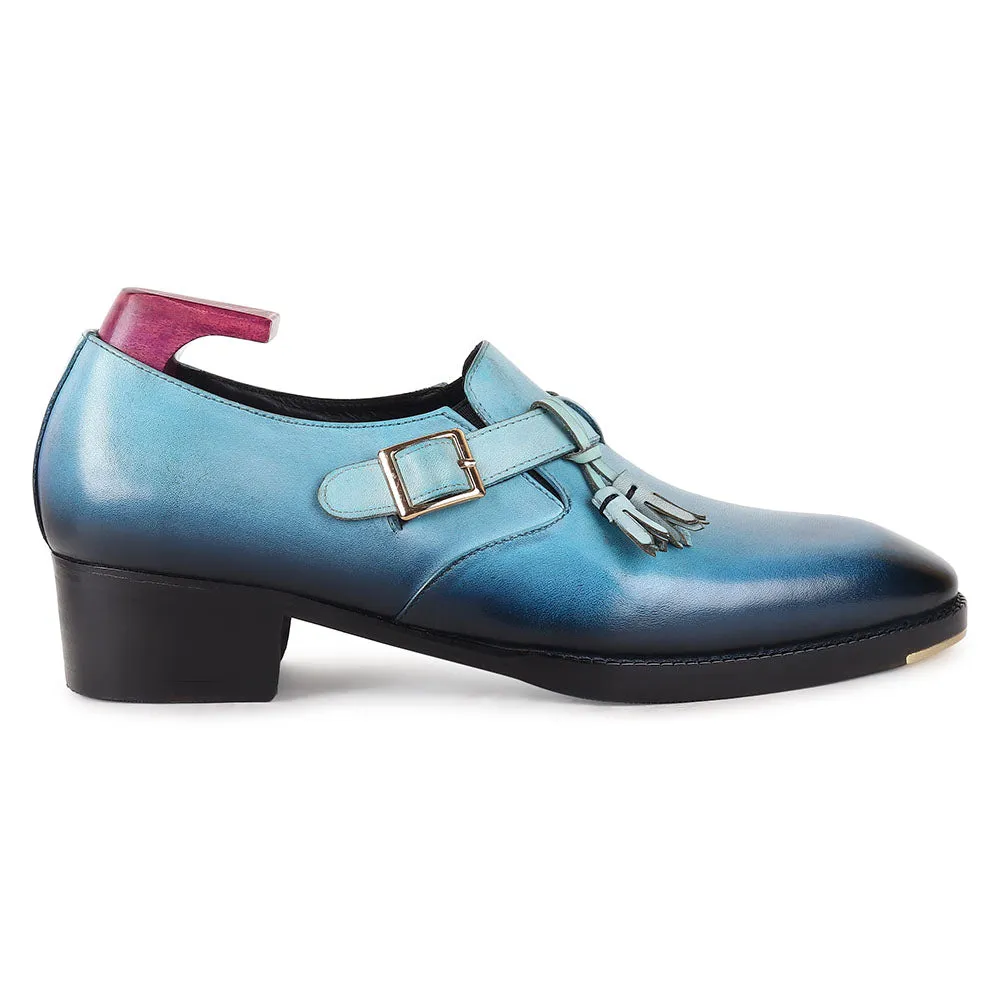 Aqua Blue Patina Mirror Glossed Single Monks With Metal Toe   Cuban Heel