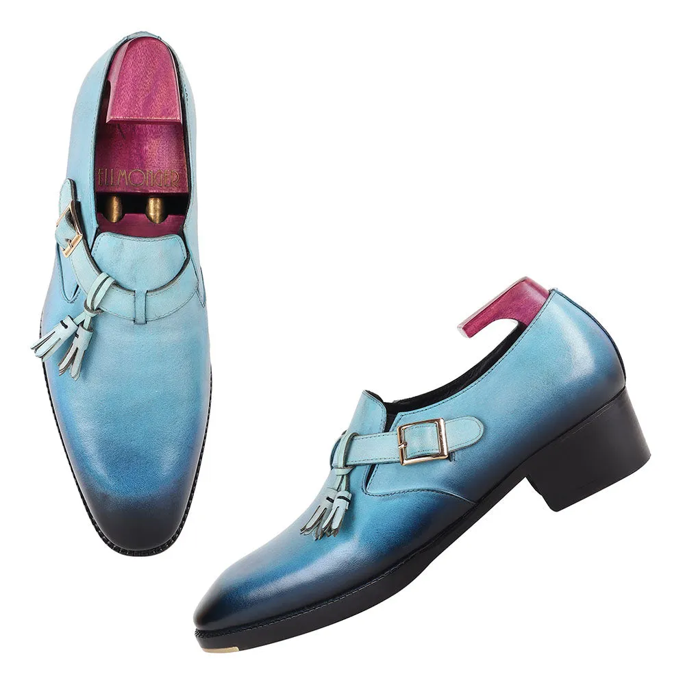 Aqua Blue Patina Mirror Glossed Single Monks With Metal Toe   Cuban Heel