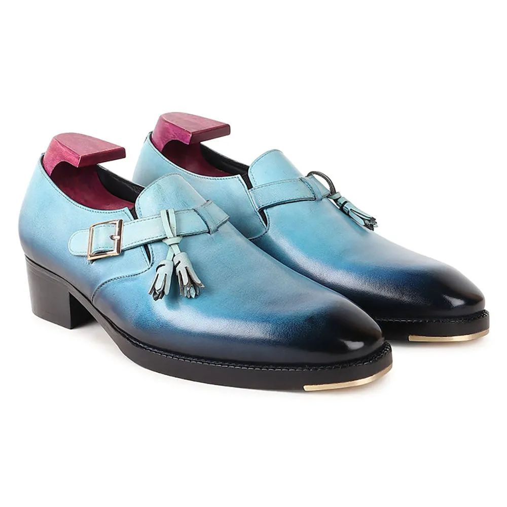 Aqua Blue Patina Mirror Glossed Single Monks With Metal Toe   Cuban Heel