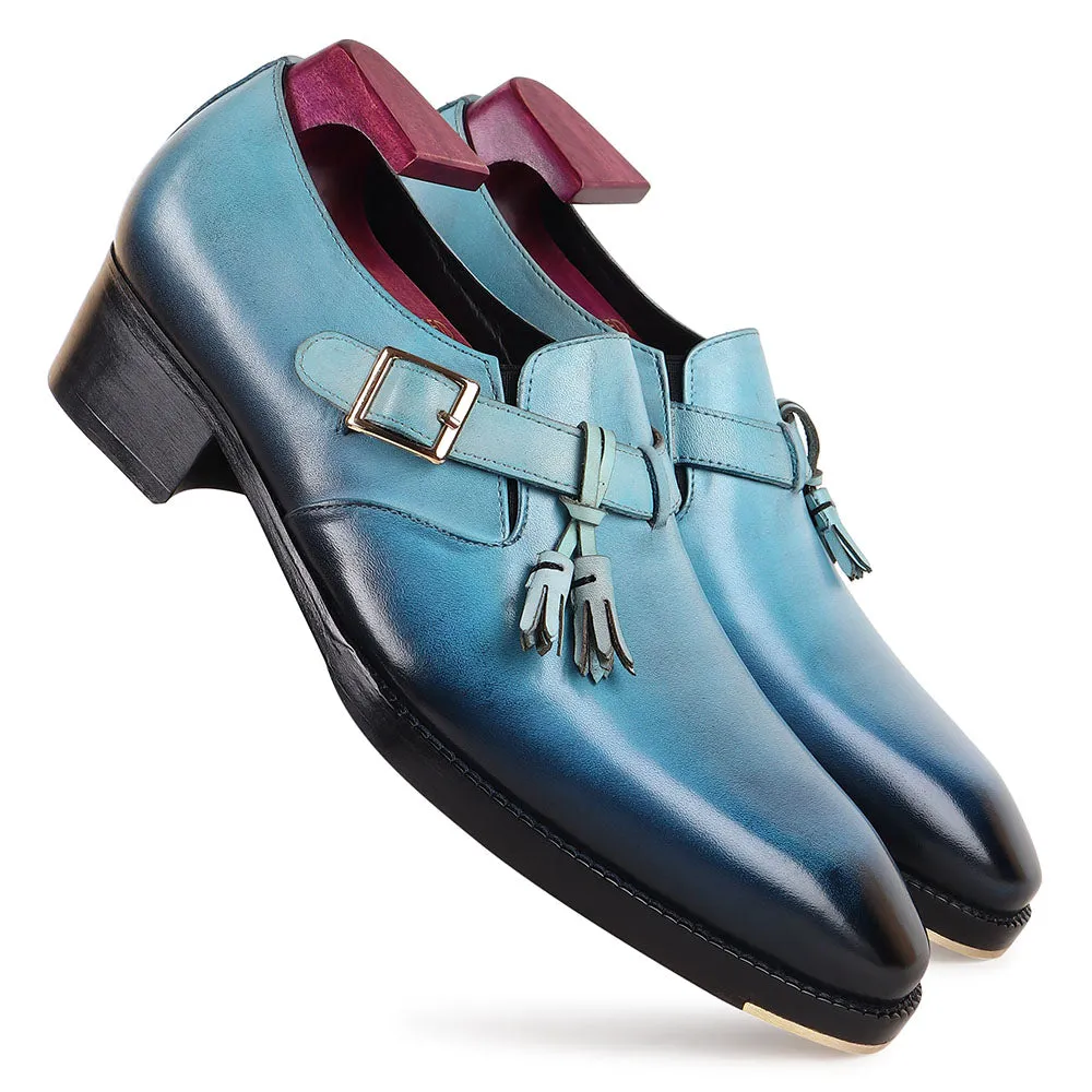 Aqua Blue Patina Mirror Glossed Single Monks With Metal Toe   Cuban Heel