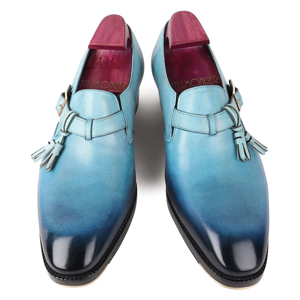Aqua Blue Patina Mirror Glossed Single Monks With Metal Toe   Cuban Heel