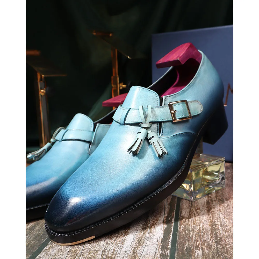 Aqua Blue Patina Mirror Glossed Single Monks With Metal Toe   Cuban Heel