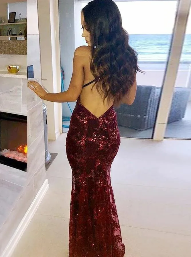 Backless Sexy Prom Dresses V Neckline Evening Dresses Spaghetti Straps Grey, Red & Purple 3 Colors