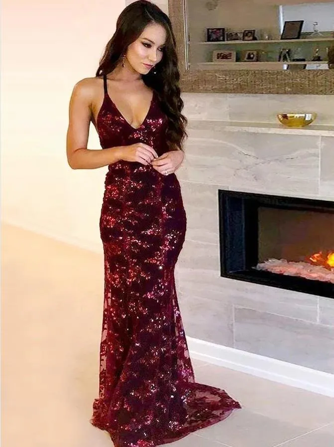 Backless Sexy Prom Dresses V Neckline Evening Dresses Spaghetti Straps Grey, Red & Purple 3 Colors