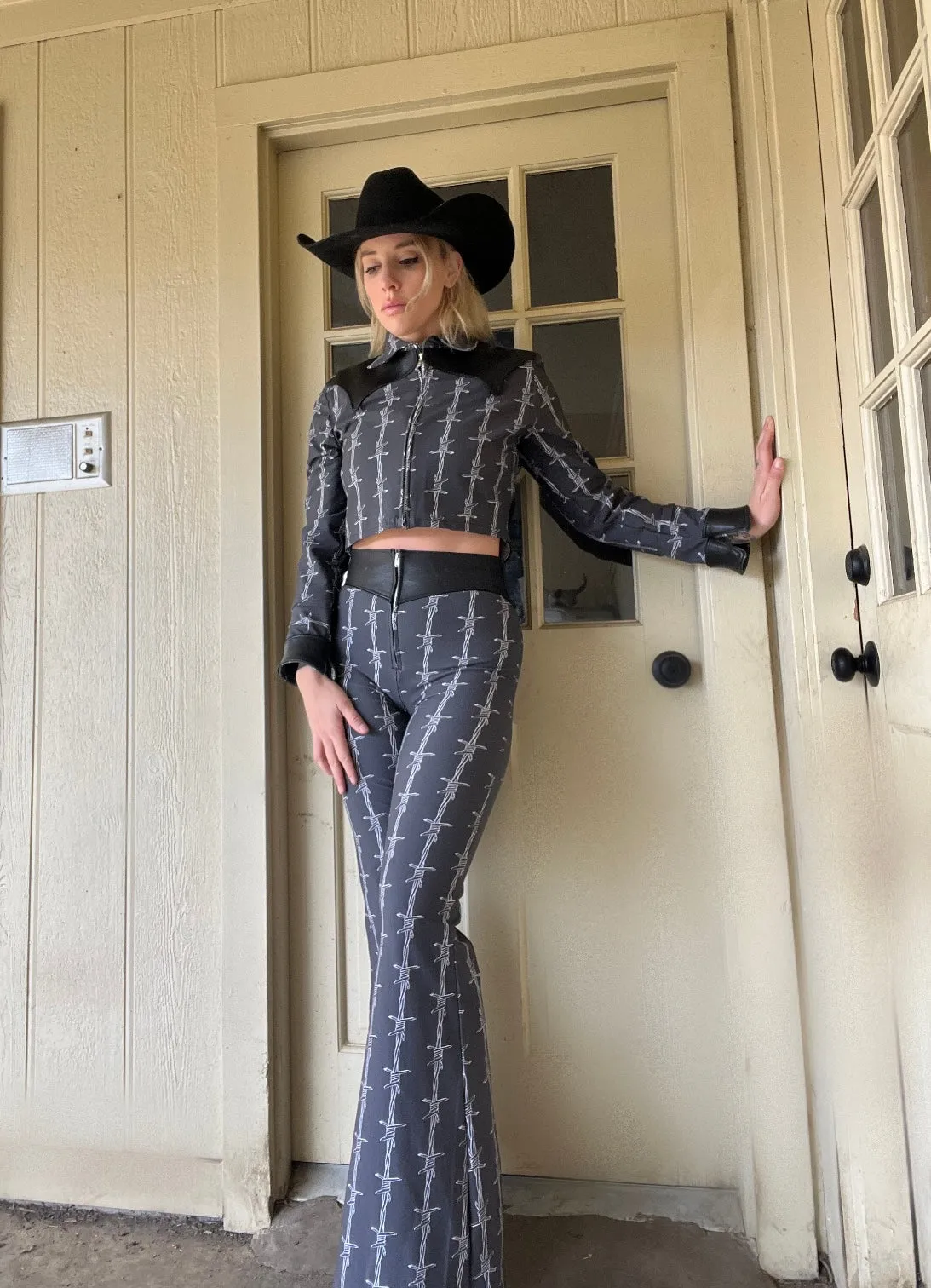 Barb Wire Leather Bell Bottom Pants