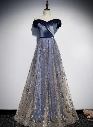 Beautiful Blue-Grey Tulle with Velvet Long Prom Dress,Bridesmaid Dress