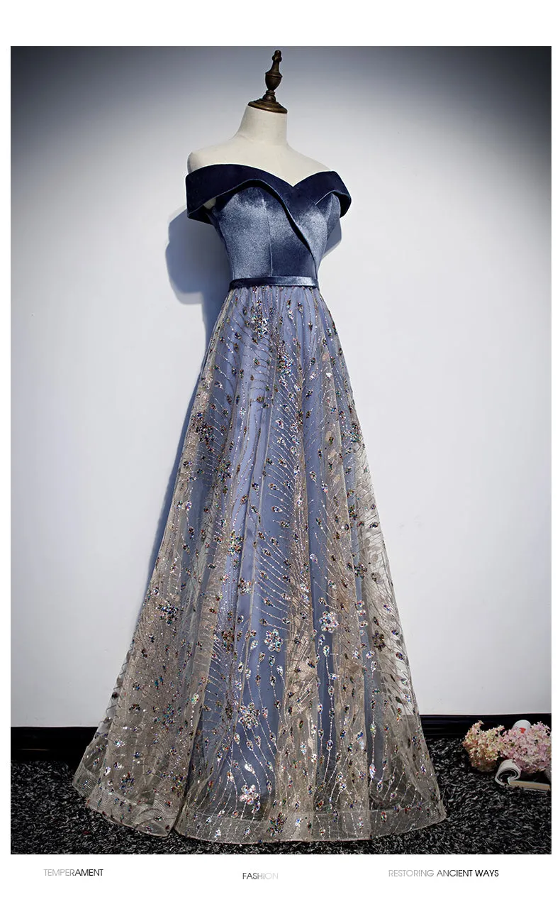 Beautiful Blue-Grey Tulle with Velvet Long Prom Dress,Bridesmaid Dress