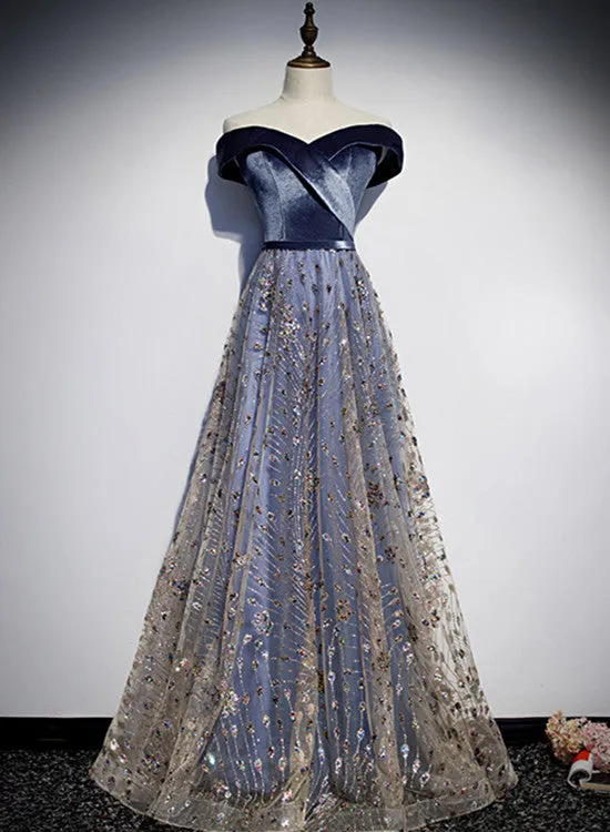 Beautiful Blue-Grey Tulle with Velvet Long Prom Dress,Bridesmaid Dress