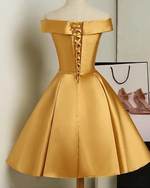 Beautiful Satin Off Shoulder Cute Party Dress with Lace-up, Knee Length Party Dress