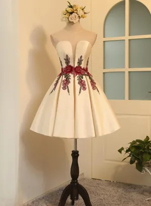 Beautiful Satin Short Cute Party Dress in Stock, Lovely Formal Dresses, Homecoming Dress with Embroidery
