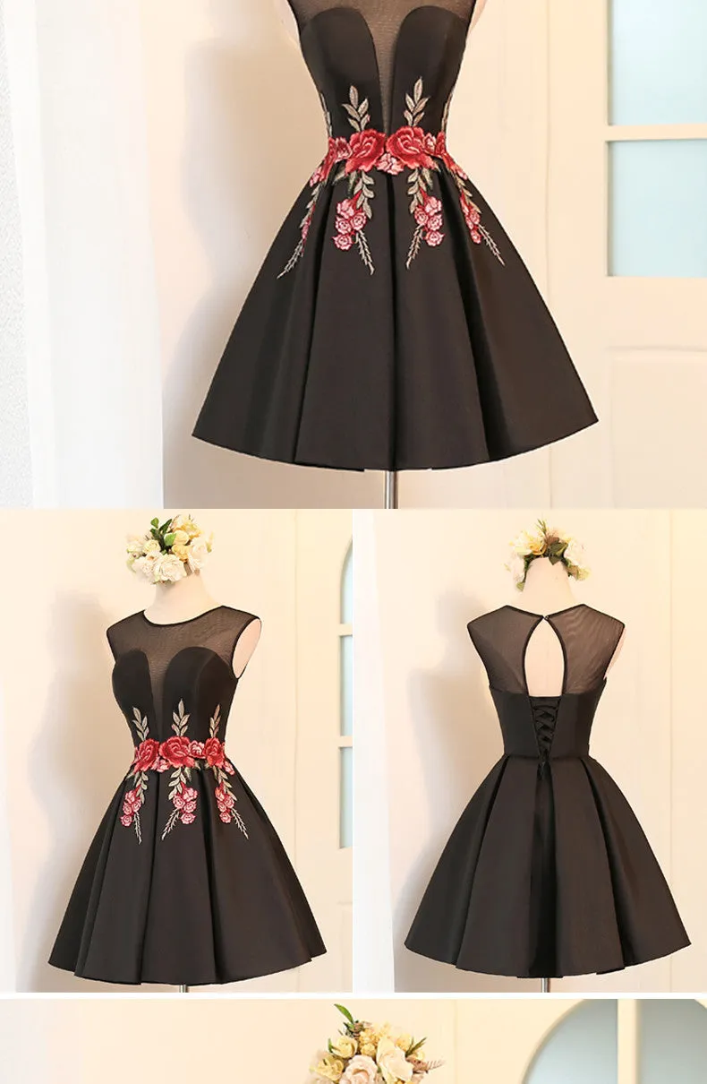 Beautiful Satin Short Cute Party Dress in Stock, Lovely Formal Dresses, Homecoming Dress with Embroidery