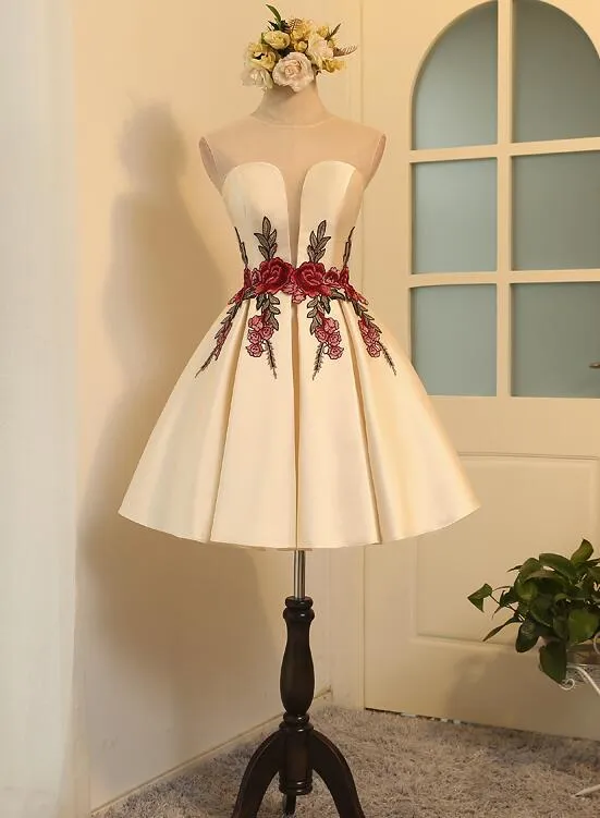 Beautiful Satin Short Cute Party Dress in Stock, Lovely Formal Dresses, Homecoming Dress with Embroidery