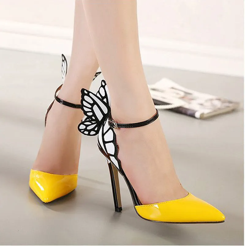 Big Size Thin High Heels Women Pumps 8/11cm ,Butterfly Heels Sandals,Sexy Wedding Shoes Party yellow purple black