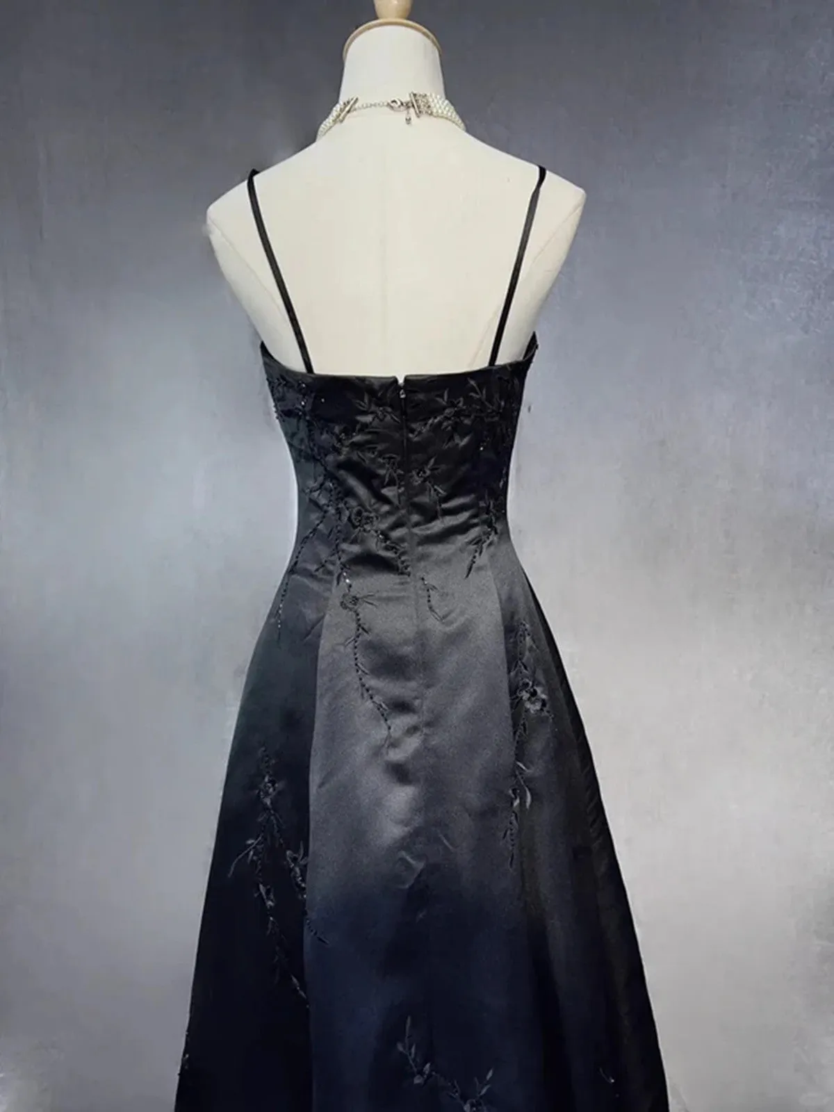 Black A-line Straps Beaded Floor Length Party Dress, Black Satin Long Prom Dress