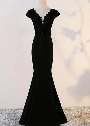 Black Mermaid Cap Sleeves Long Evening Gown, Black Prom Dress