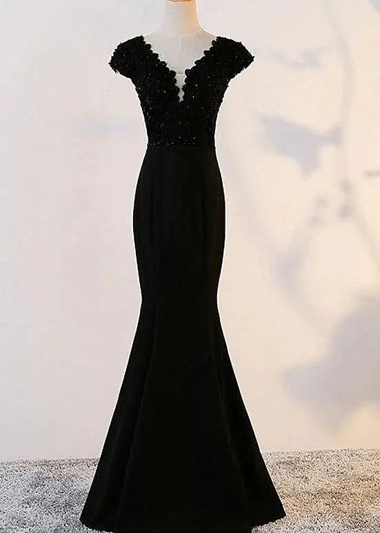 Black Mermaid Cap Sleeves Long Evening Gown, Black Prom Dress