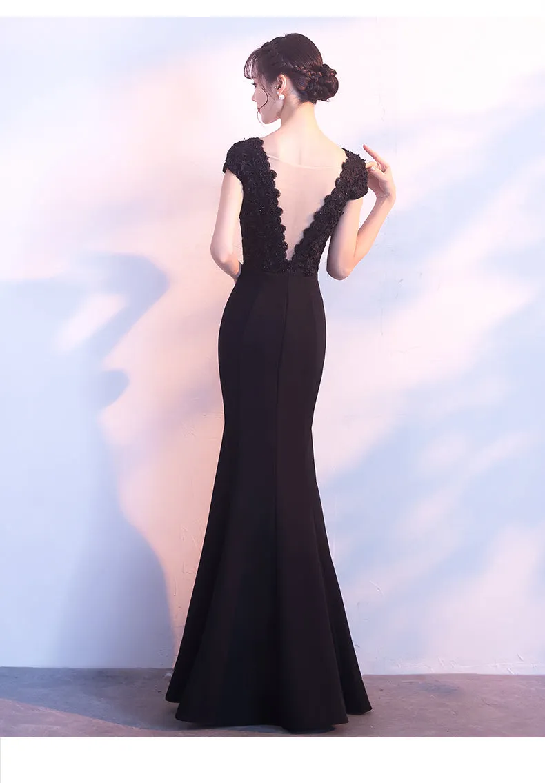 Black Mermaid Cap Sleeves Long Evening Gown, Black Prom Dress