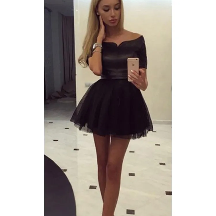 Black Off Shoulder Short Tulle 3/4 sleeve Homecoming Dresses