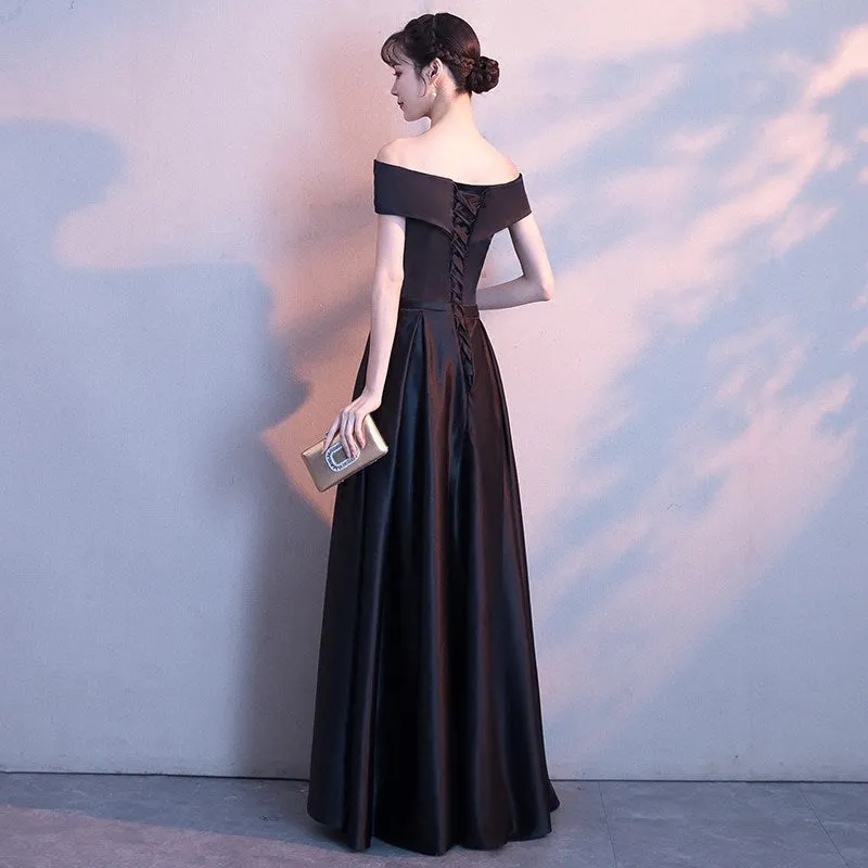 Black Satin Sweetheart Off Shoulder Long Prom Dress, Black Party Dress