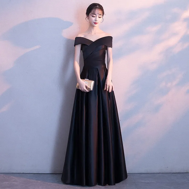 Black Satin Sweetheart Off Shoulder Long Prom Dress, Black Party Dress