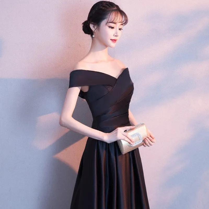 Black Satin Sweetheart Off Shoulder Long Prom Dress, Black Party Dress