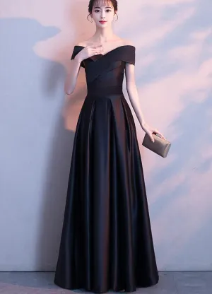 Black Satin Sweetheart Off Shoulder Long Prom Dress, Black Party Dress