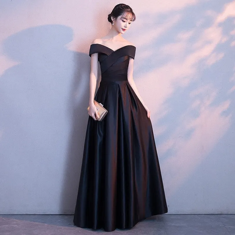 Black Satin Sweetheart Off Shoulder Long Prom Dress, Black Party Dress