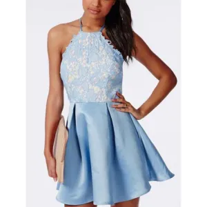 Blue Applique Strap Halter Pleats Short Homecoming Dresses