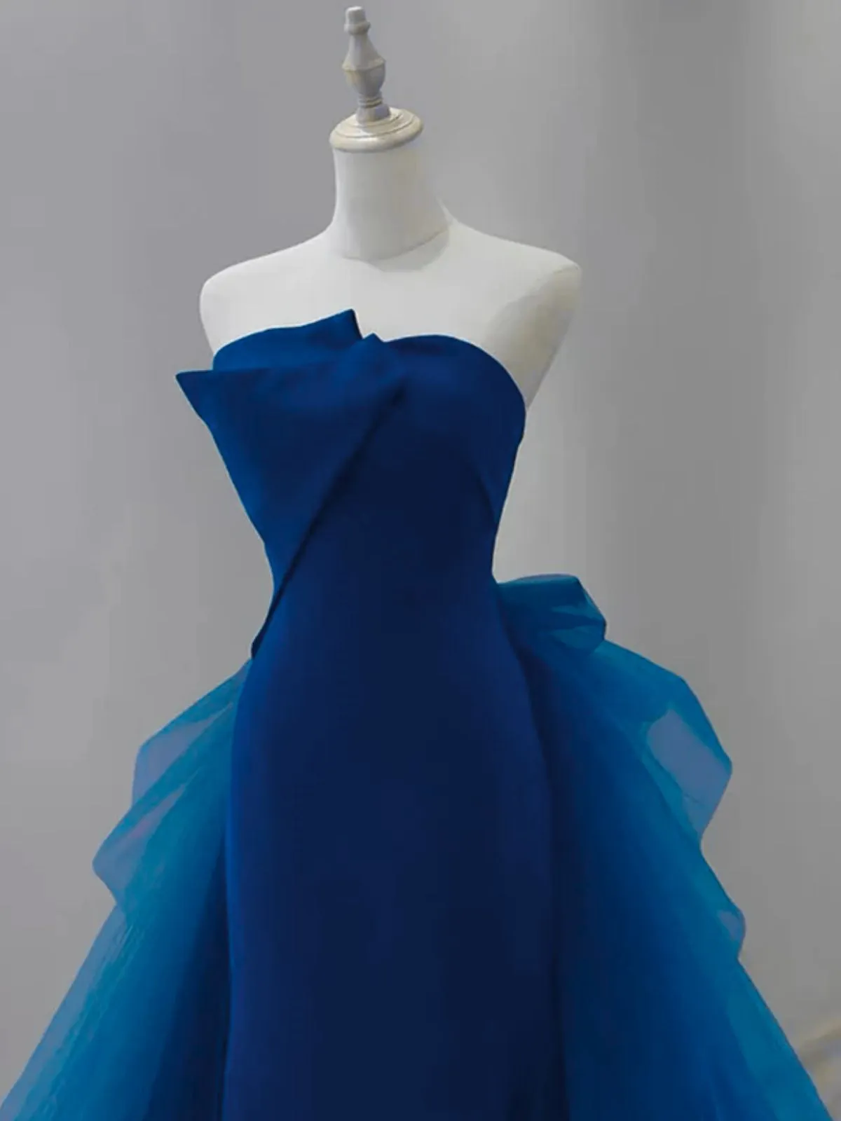 Blue Satin and Tulle Long Strapless Party Dress, Blue Satin with Tulle Prom Dress