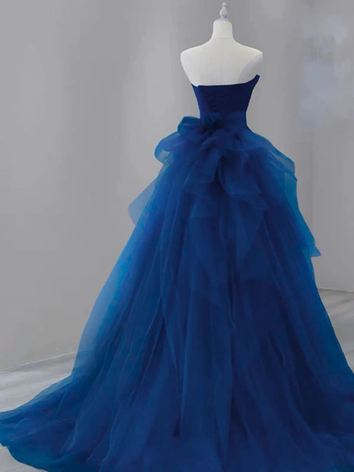 Blue Satin and Tulle Long Strapless Party Dress, Blue Satin with Tulle Prom Dress