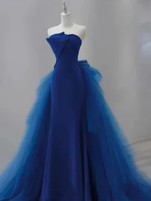 Blue Satin and Tulle Long Strapless Party Dress, Blue Satin with Tulle Prom Dress