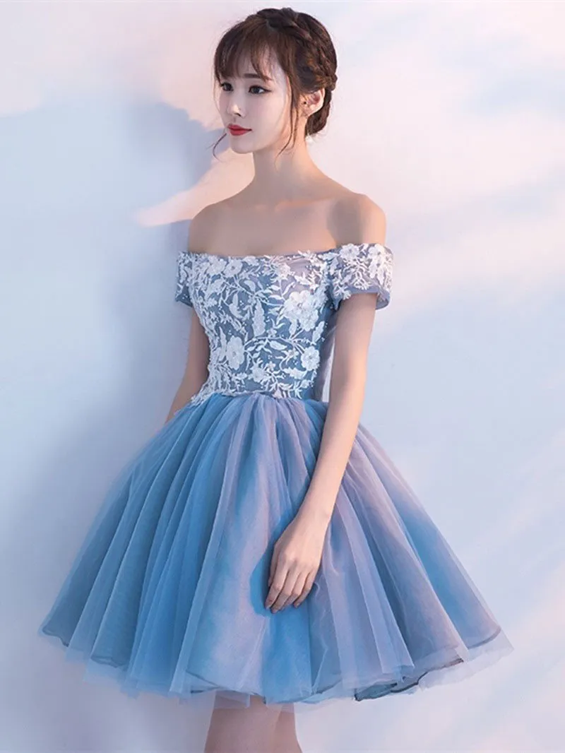 Blue Tulle Party Dress with White Lace, Off Shoulder New Style Homecoming Dresses