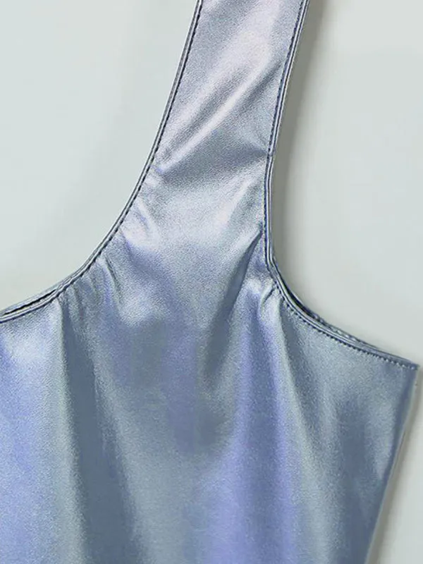 Bodycon Mini Dress with PU Patent Leather and Scoop Neckline