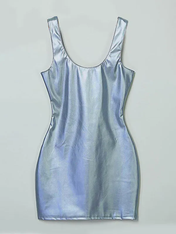 Bodycon Mini Dress with PU Patent Leather and Scoop Neckline