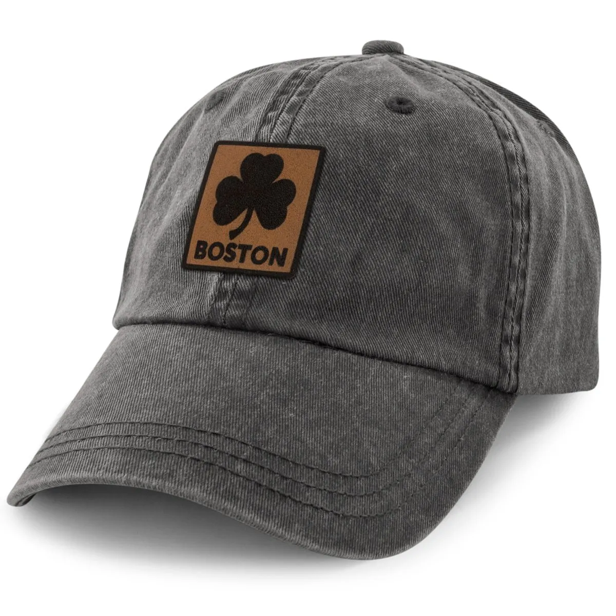 Boston Shamrock Leather Patch Washed Dad Hat