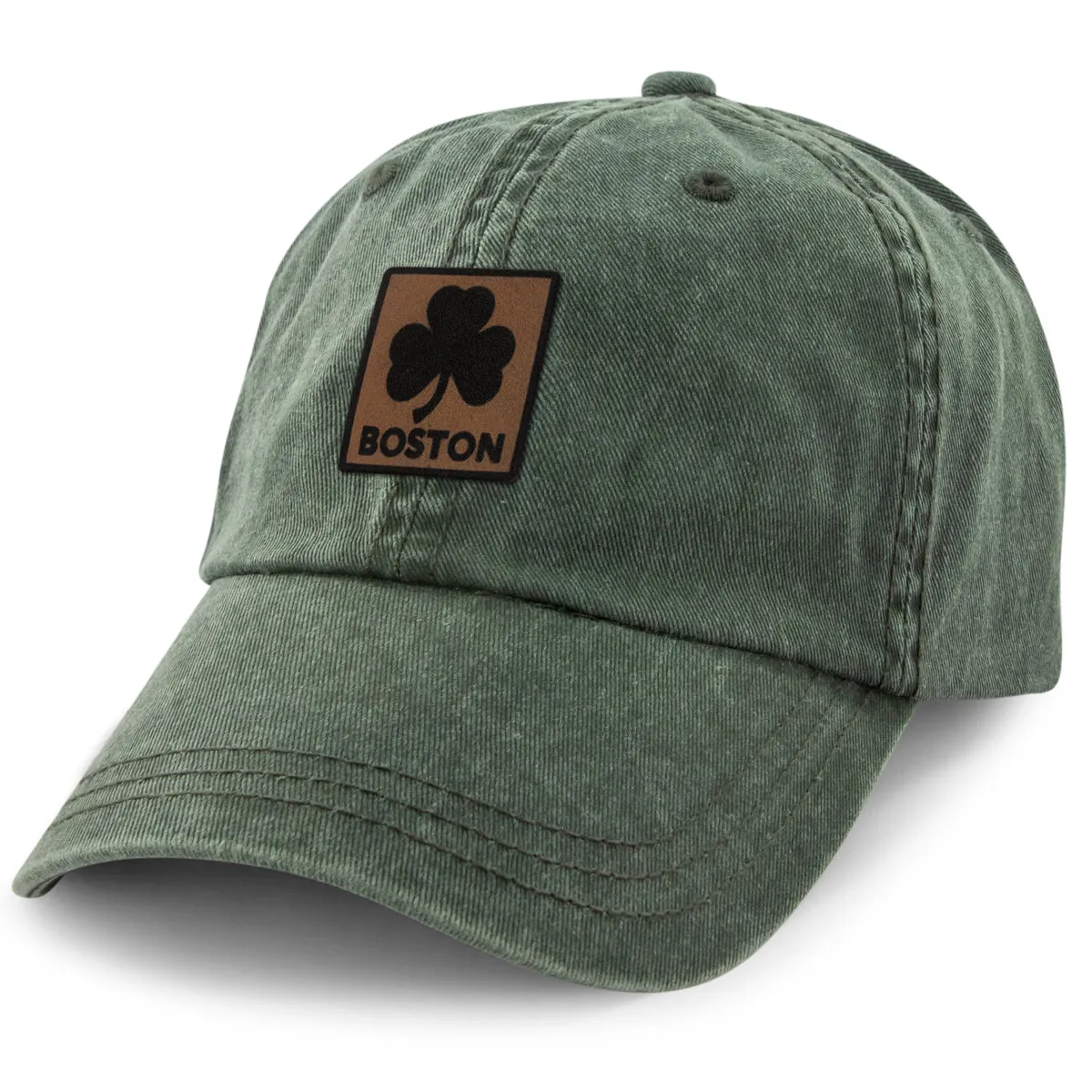 Boston Shamrock Leather Patch Washed Dad Hat