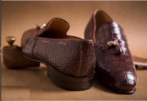 Brown Leather Tassel Shoes with Crocodile Texture