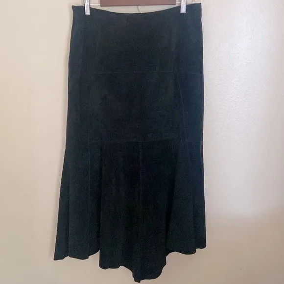 CAbi Suede Leather High Low Fishtail Black Mid Calf Length Skirt, Size 8